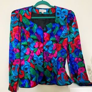 Vintage Adrianna Papell Designer 100% Silk Colorful Jacket Pink Green Blue